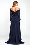 Navy Off the Shoulder Long Sleeves Chiffon A Line Mother of the Bride Dress