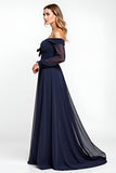 Navy Off the Shoulder Long Sleeves Chiffon A Line Mother of the Bride Dress