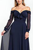 Navy Off the Shoulder Long Sleeves Chiffon A Line Mother of the Bride Dress