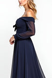 Navy Off the Shoulder Long Sleeves Chiffon A Line Mother of the Bride Dress