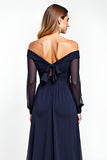Navy Off the Shoulder Long Sleeves Chiffon A Line Mother of the Bride Dress