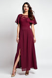 Burgundy A Line Flutter Sleeves Long Mother of the Bride Dress with Slit
