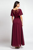 Burgundy A Line Flutter Sleeves Long Mother of the Bride Dress with Slit