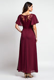 Burgundy A Line Flutter Sleeves Long Mother of the Bride Dress with Slit