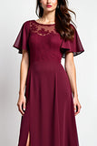 Burgundy A Line Flutter Sleeves Long Mother of the Bride Dress with Slit