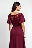 Burgundy A Line Flutter Sleeves Long Mother of the Bride Dress with Slit