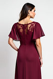 Burgundy A Line Flutter Sleeves Long Mother of the Bride Dress with Slit