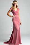 Desert Rose Sheath V-Neck Long Backless Mother of the Bride Dress
