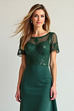 Pine Illusion Neck A Line Tea Length Mother of the Bride Dress