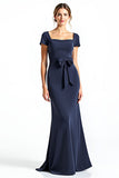 Navy Square Neck Sheath Long Mother of the Bride Dress with Bowknot