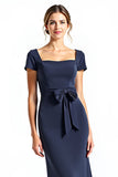 Navy Square Neck Sheath Long Mother of the Bride Dress with Bowknot