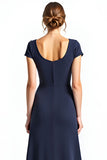 Navy Square Neck Sheath Long Mother of the Bride Dress with Bowknot