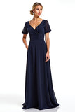 Navy V-Neck Short Sleeves Long Chiffon Mother of the Bride Dress