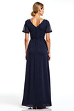 Navy V-Neck Short Sleeves Long Chiffon Mother of the Bride Dress