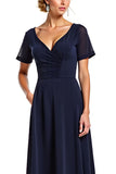 Navy V-Neck Short Sleeves Long Chiffon Mother of the Bride Dress
