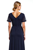 Navy V-Neck Short Sleeves Long Chiffon Mother of the Bride Dress