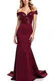 Burgundy Mermaid Off the Shoulder Sequined Long Mother of the Bride Dress