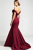 Burgundy Mermaid Off the Shoulder Sequined Long Mother of the Bride Dress