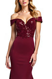 Burgundy Mermaid Off the Shoulder Sequined Long Mother of the Bride Dress