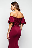 Burgundy Mermaid Off the Shoulder Ruffled Long Mother of the Bride Dress