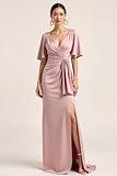 Dusty Rose V Neck Sheath Long Bridesmaid Dress with Slit