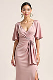 Dusty Rose V Neck Sheath Long Bridesmaid Dress with Slit