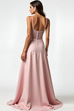 Spaghetti Straps Dusty Rose Ruched A Line Long Prom Dress