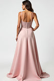 Spaghetti Straps Dusty Rose Ruched A Line Long Prom Dress