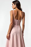 Spaghetti Straps Dusty Rose Ruched A Line Long Prom Dress