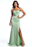 Dusty Sage Strapless Sheath Backless Long Prom Dress with Slit