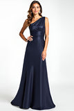 Elegant Navy One Shoulder Satin A Line Long Mother of the Bride Dress