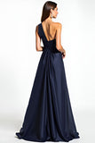 Elegant Navy One Shoulder Satin A Line Long Mother of the Bride Dress