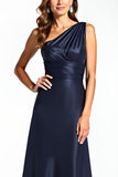 Elegant Navy One Shoulder Satin A Line Long Mother of the Bride Dress