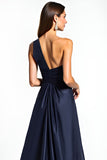 Elegant Navy One Shoulder Satin A Line Long Mother of the Bride Dress