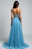 A Line Light Blue Spaghetti Straps Appliqued Long Prom Dress with Slit
