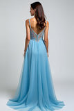 A Line Light Blue Spaghetti Straps Appliqued Long Prom Dress with Slit