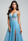 A Line Light Blue Spaghetti Straps Appliqued Long Prom Dress with Slit