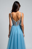 A Line Light Blue Spaghetti Straps Appliqued Long Prom Dress with Slit