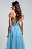A Line Light Blue Spaghetti Straps Appliqued Long Prom Dress with Slit