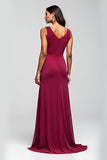 Burgundy Sheath Round Neck Long Mother of the Bride Dress