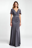Steel Grey Sheath Beaded V Neck Long Mother of the Bride Dress