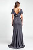 Steel Grey Sheath Beaded V Neck Long Mother of the Bride Dress