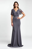 Steel Grey Sheath Beaded V Neck Long Mother of the Bride Dress