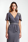 Steel Grey Sheath Beaded V Neck Long Mother of the Bride Dress