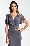 Steel Grey Sheath Beaded V Neck Long Mother of the Bride Dress