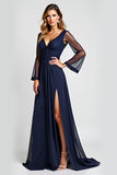 Navy A Line V-Neck Sheer Sleeves Mother of the Bride Dress with Slit