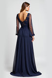 Navy A Line V-Neck Sheer Sleeves Mother of the Bride Dress with Slit