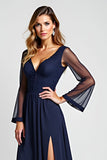 Navy A Line V-Neck Sheer Sleeves Mother of the Bride Dress with Slit