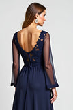 Navy A Line V-Neck Sheer Sleeves Mother of the Bride Dress with Slit