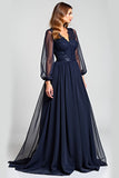 Navy A Line V-Neck Long Mother of the Bride Dress with Appliques